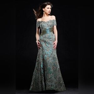 Jovani Iridescent Green & Gold Leaf Pattern Beaded Ball Gown
